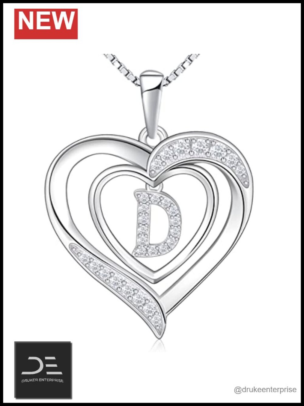 925 Sterling Silver Heart Initial D Pendant Necklace Women Gift